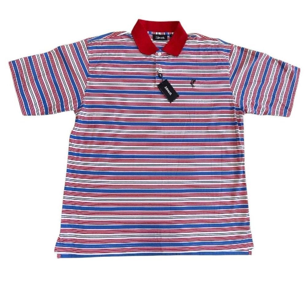 Vintage Ashworth NWT Y2K Striped Cotton Polo Mens Patriotic Red/ White/ Blue XL